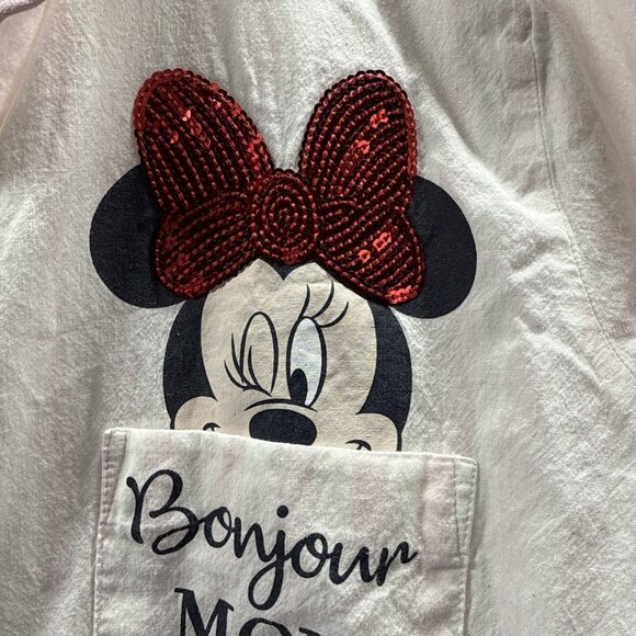 Disney Minnie Mouse Sequin Night Shirt S Red White Cherries Roll Tab Long Sleeve - Picture 5 of 10